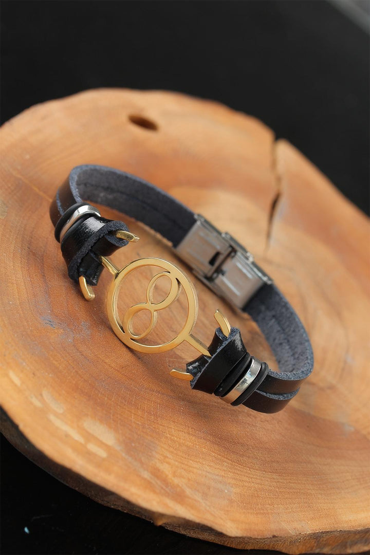 EBJ Black Leather Men's Bracelet with Gold Color Infinity Metal Accents - Henrietta