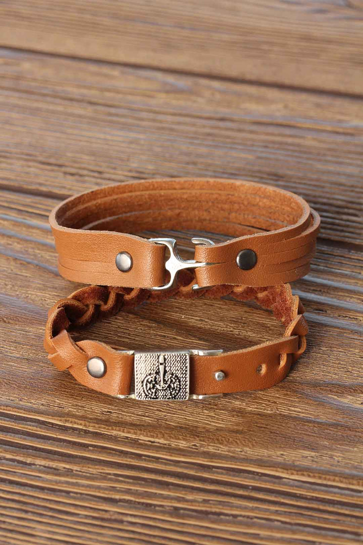 EBJ Brown Leather Men's Bracelet with Metal Accessories Combination - Maroúsi