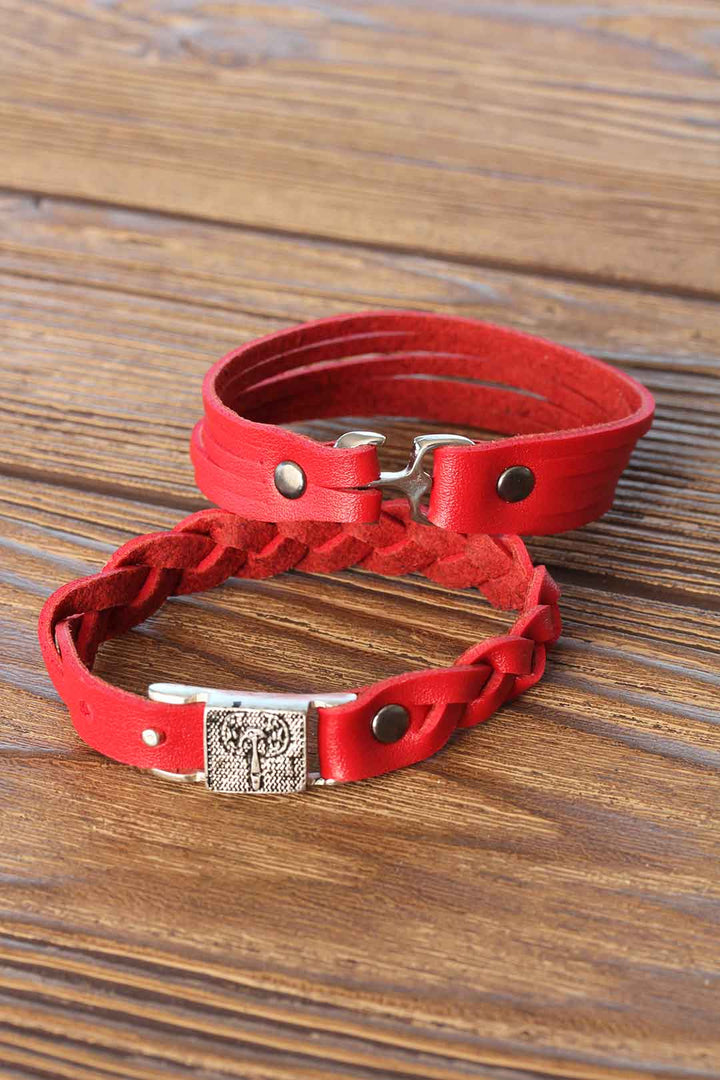 EBJ Red Leather Men's Bracelet with Metal Accessories Combination - Moortebeek