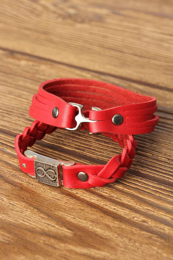 EBJ Patterned Metal Accessorized Red Leather Men's Bracelet Combination - Knoxville