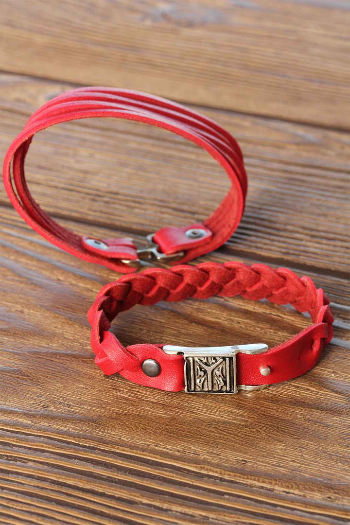 EBJ Red Leather Men's Bracelet with Patterned Metal Accessories Combination - Zaventem