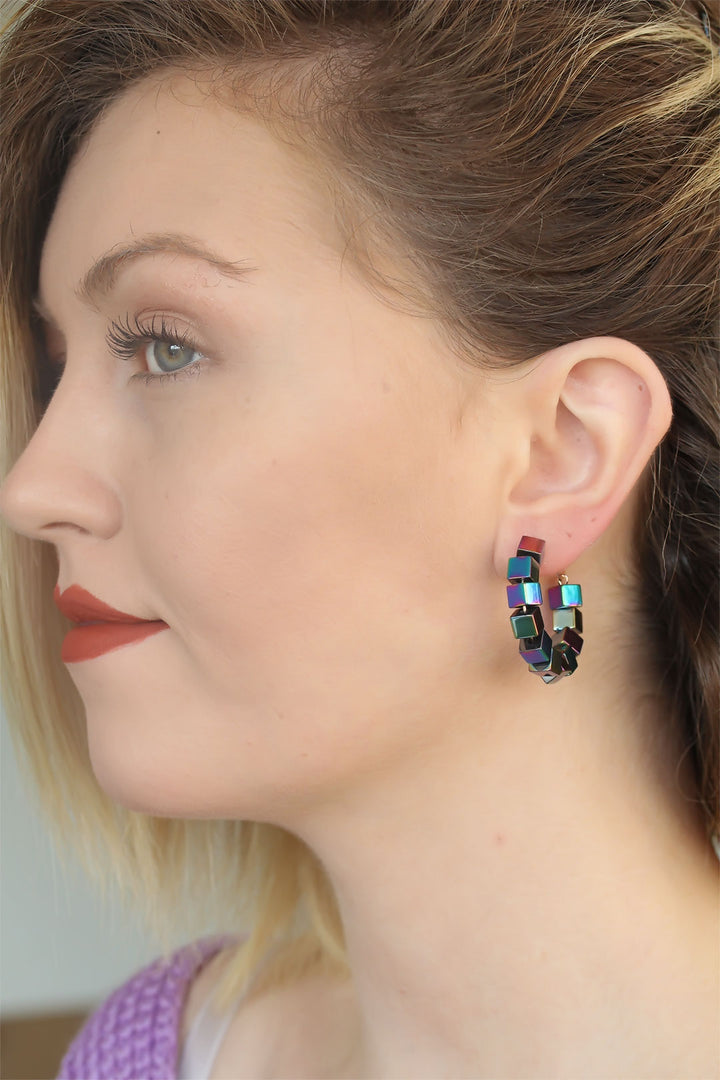 EBJ Hematite Square Design Stone Women's Hoop Earrings - Henrietta