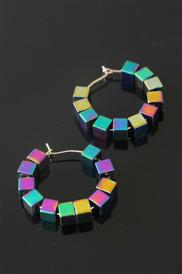 EBJ Hematite Square Design Stone Women's Hoop Earrings - Henrietta