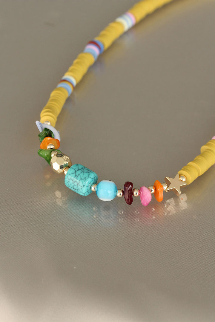 EBJ Yellow Color Wooden Beaded Blue Stone Women's Necklace - Monrovia