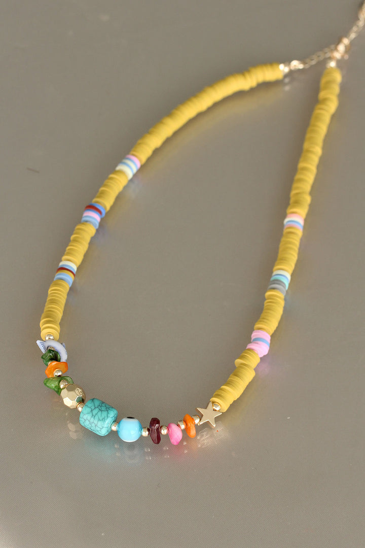 EBJ Yellow Color Wooden Beaded Blue Stone Women's Necklace - Monrovia