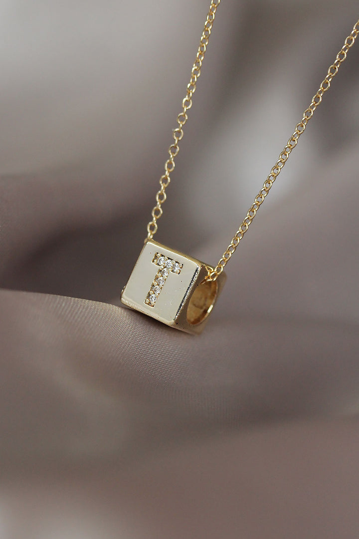 EBJ Gold Color Cube Model Zircon Stone T Letter Necklace - Prescott