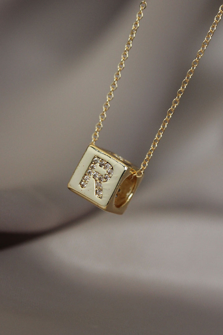 EBJ Cube Model Gold Color Zircon Stone Letter R Necklace - West Babylon