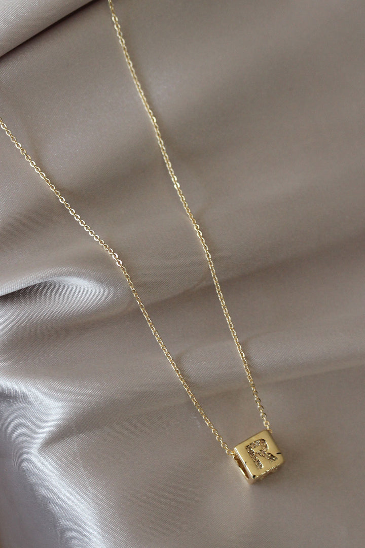 EBJ Cube Model Gold Color Zircon Stone Letter R Necklace - West Babylon