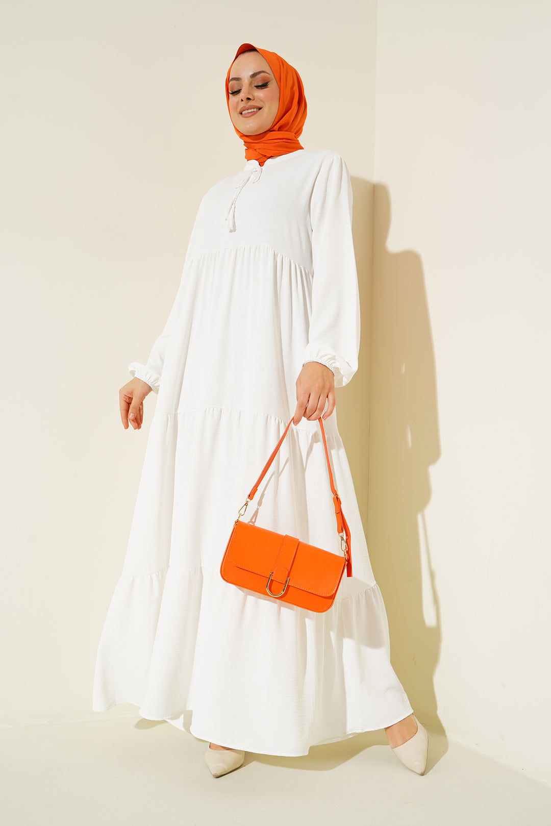 BGD Women Tie-Neck Modest Dress - Off-White - Kirkland