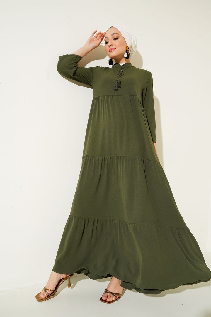 BGD Women Tie Neck Hijab Dress - Dark Khaki - Rocklin