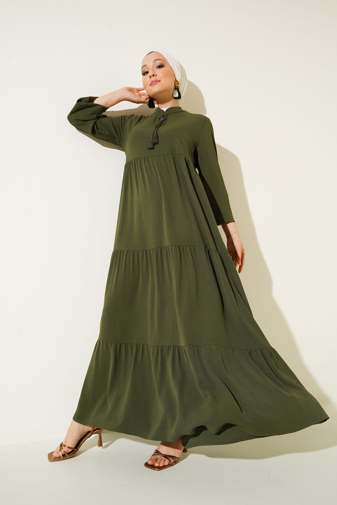 BGD Women Tie Neck Hijab Dress - Dark Khaki - Rocklin