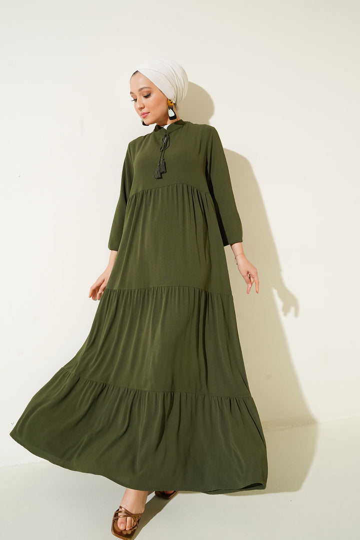 BGD Women Tie Neck Hijab Dress - Dark Khaki - Rocklin