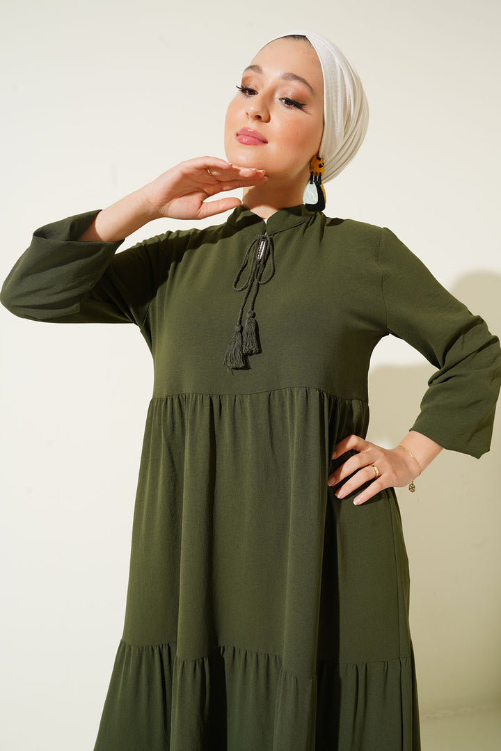 BGD Women Tie Neck Hijab Dress - Dark Khaki - Rocklin