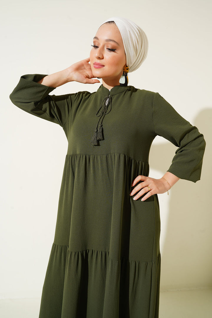 BGD Women Tie Neck Hijab Dress - Dark Khaki - Rocklin