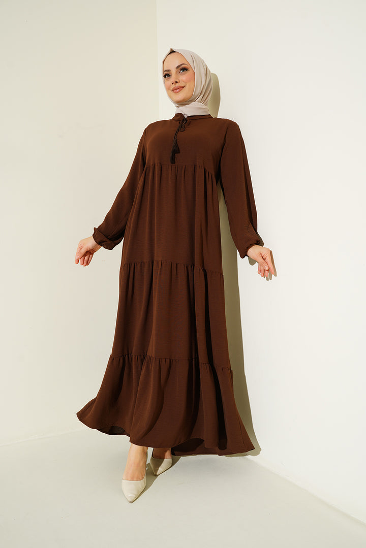 BGD Women Tie-Neck Hijab Dress - Dark Brown - Brugherio