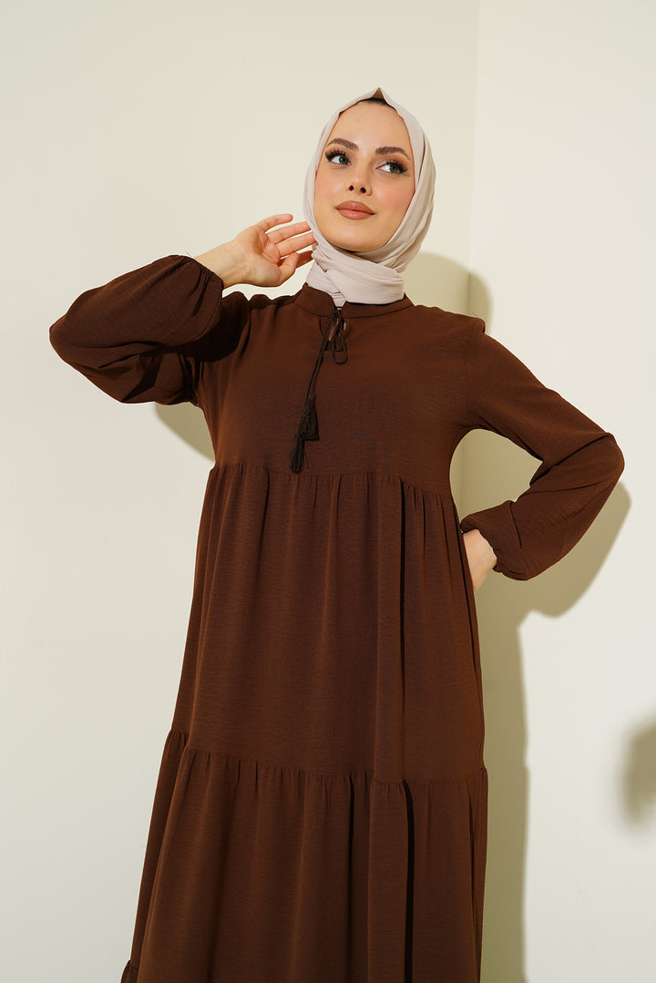 BGD Women Tie-Neck Hijab Dress - Dark Brown - Brugherio