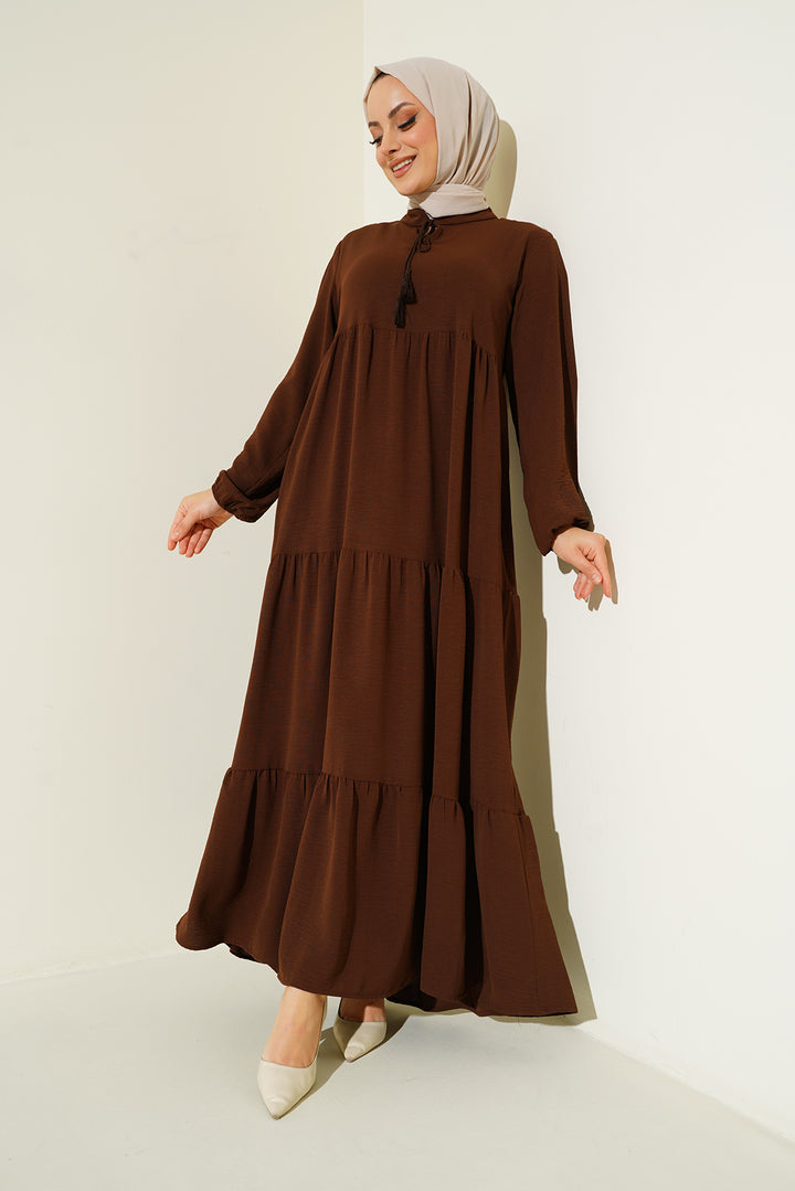 BGD Women Tie-Neck Hijab Dress - Dark Brown - Brugherio