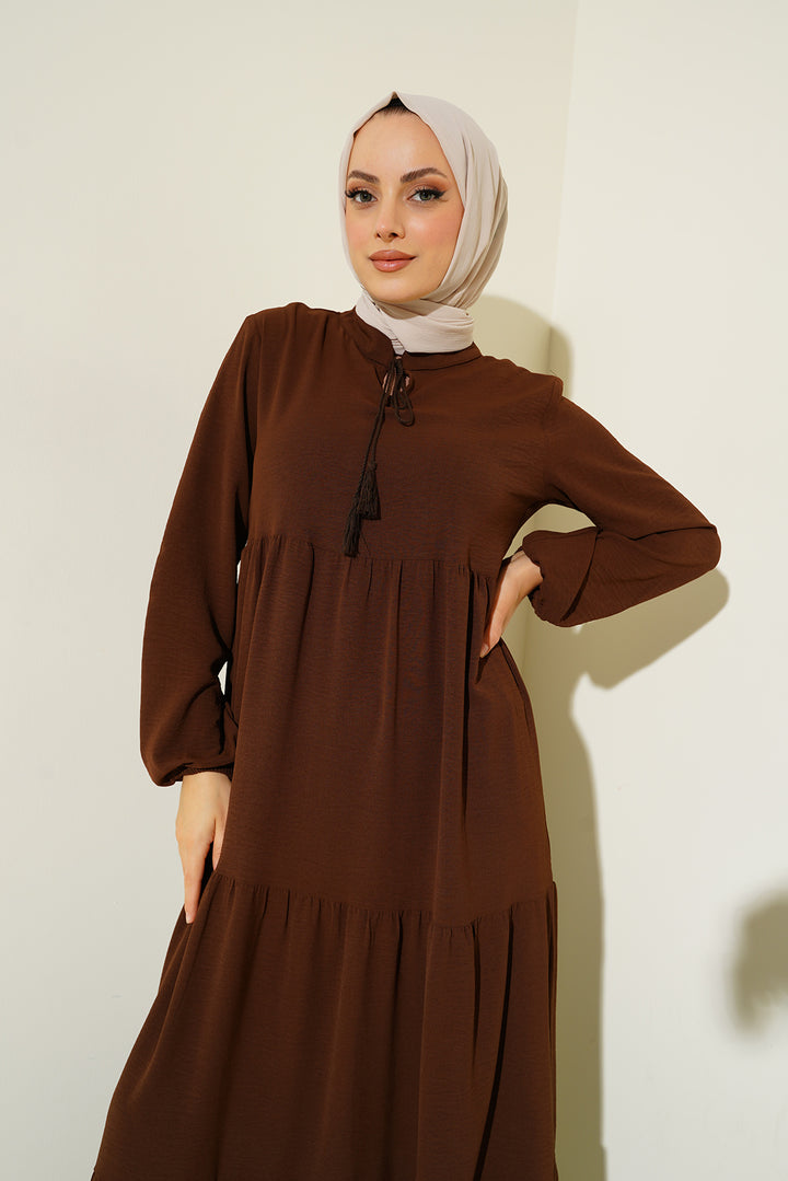 BGD Women Tie-Neck Hijab Dress - Dark Brown - Brugherio