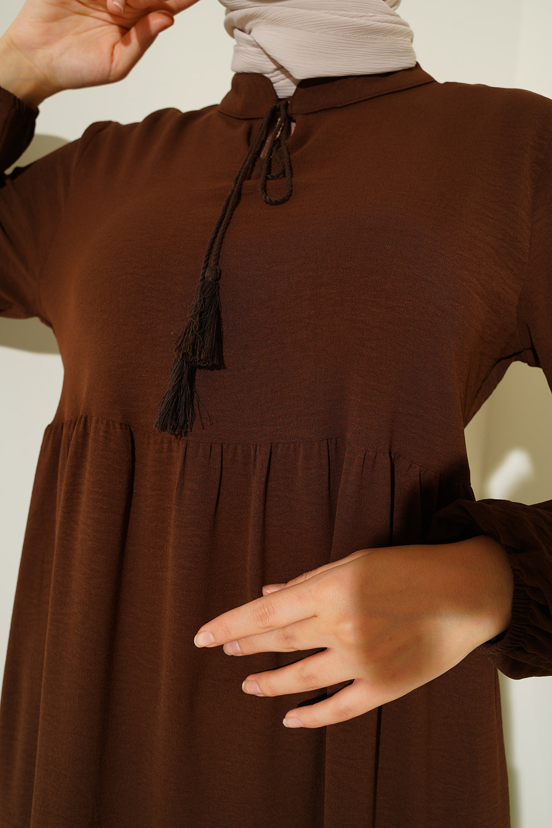 BGD Women Tie-Neck Hijab Dress - Dark Brown - Brugherio