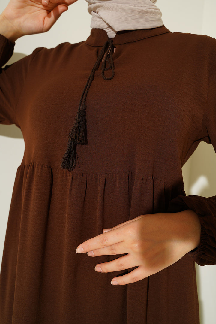 BGD Women Tie-Neck Hijab Dress - Dark Brown - Brugherio