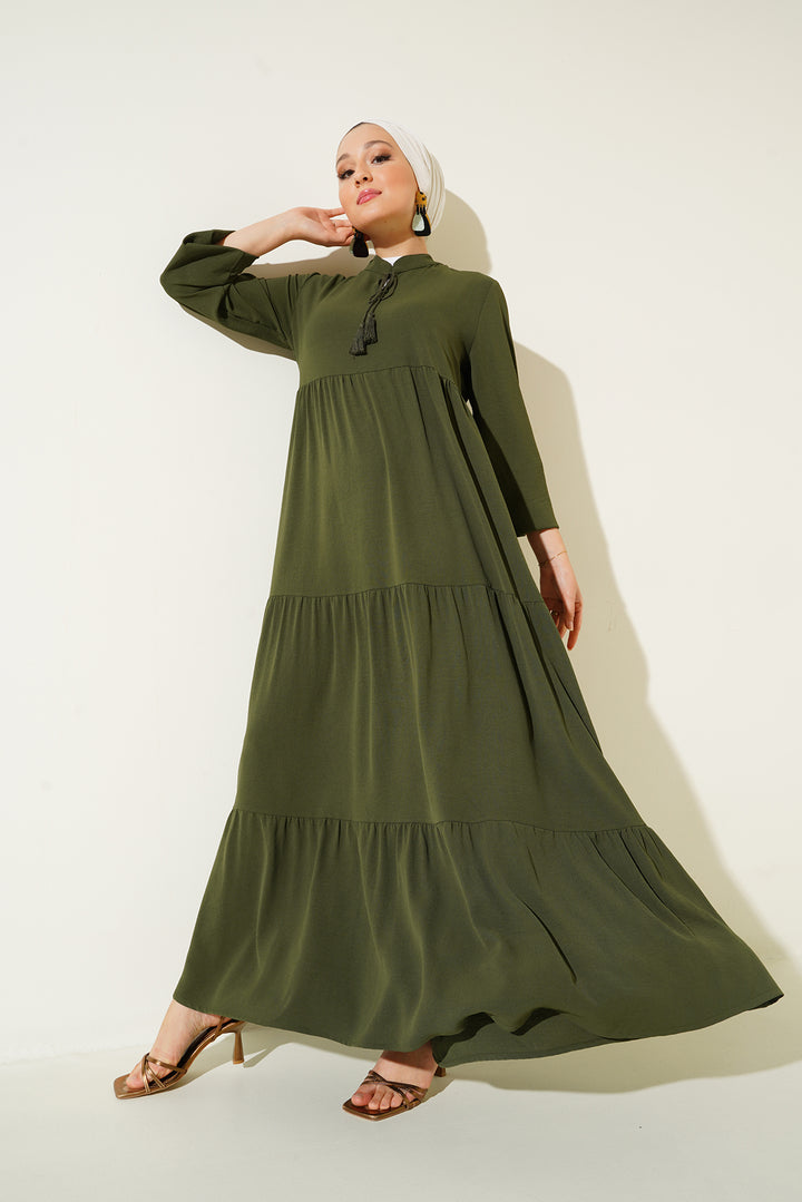 BGD Women Tie-Neck Modest Dress - Khaki - Brick