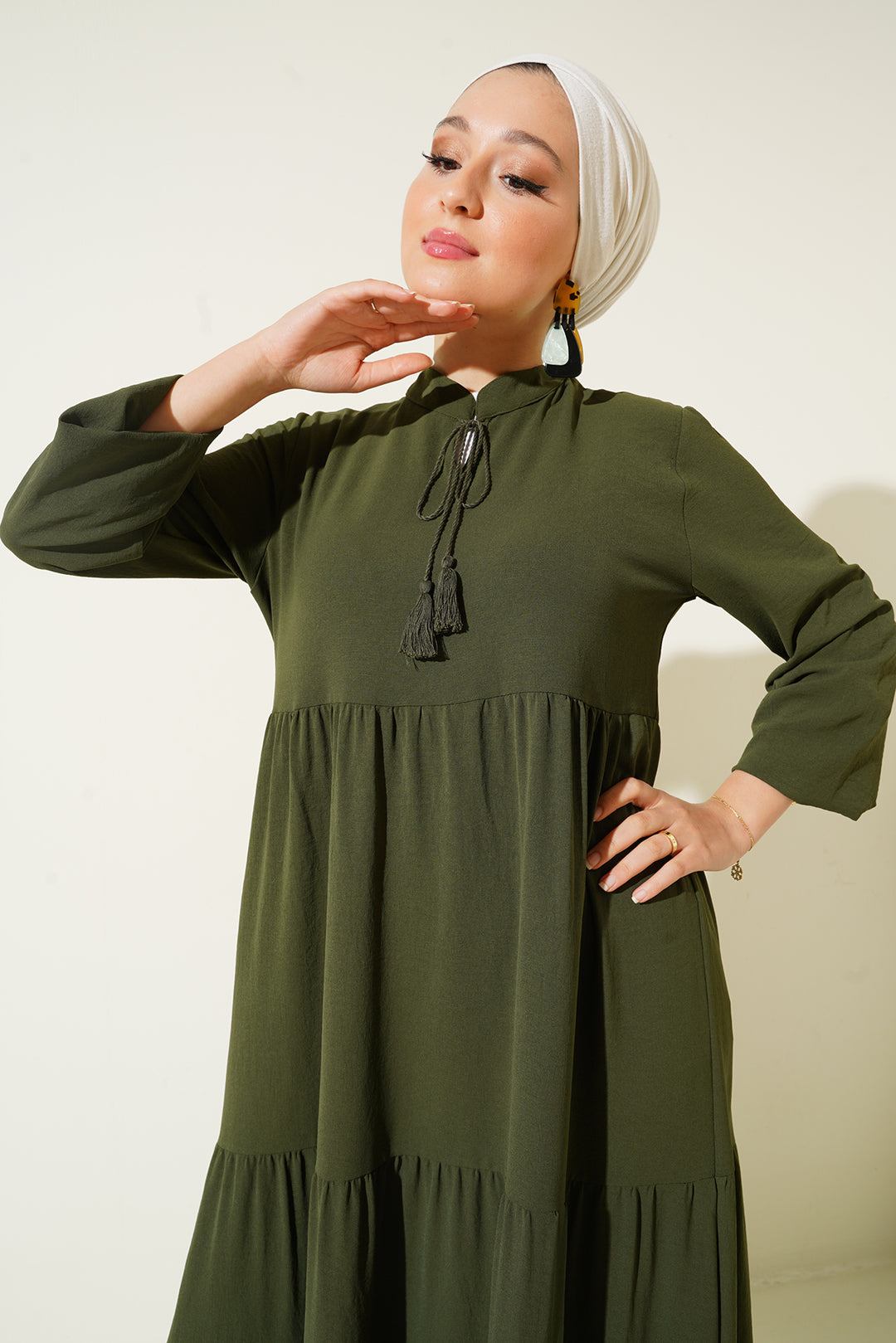 BGD Women Tie-Neck Modest Dress - Khaki - Brick