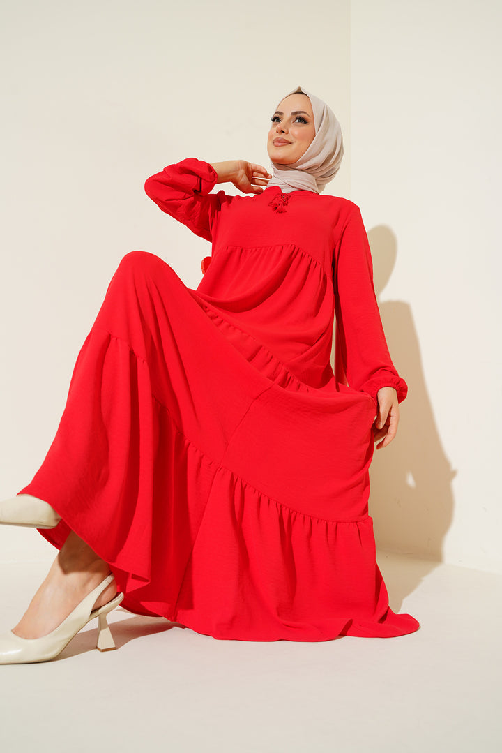 BGD Women Tie-Neck Modest Dress - Dark Red - Portsmouth