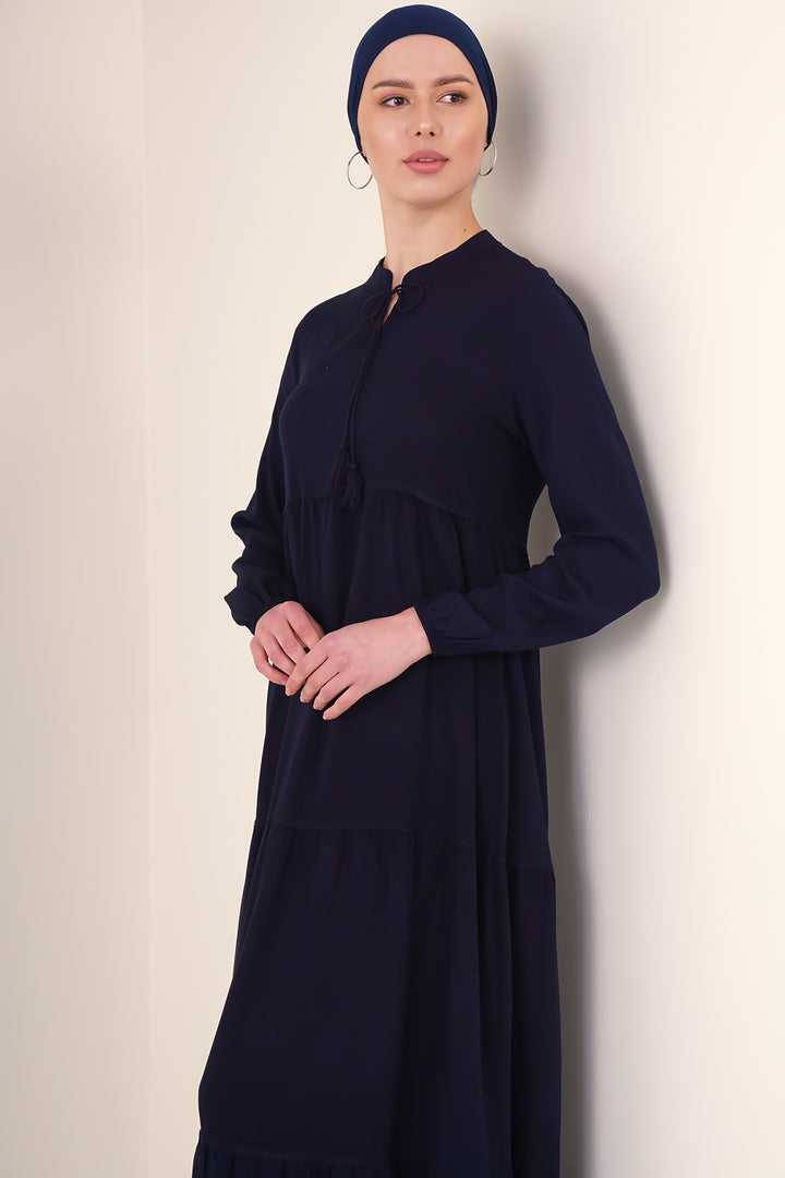 BGD Women Neck Tied Hijab Dress - Navy Blue - Redditch