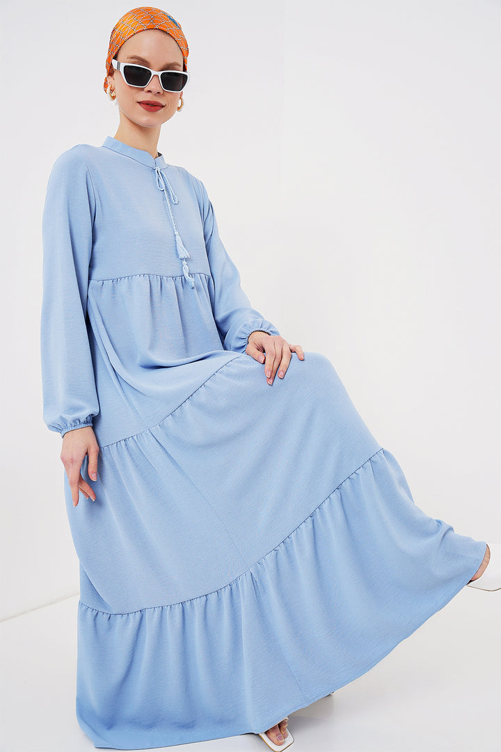 BGD Women Tie-Neck Modest Dress - Dark Blue - Cedar Hill