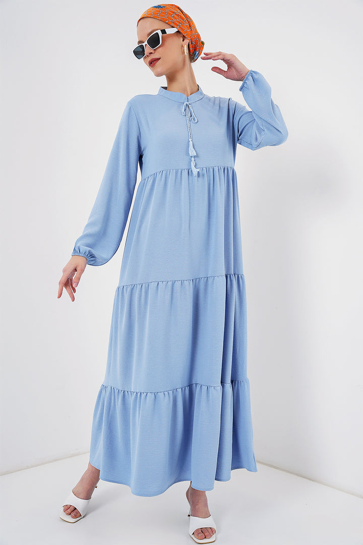 BGD Women Tie-Neck Modest Dress - Dark Blue - Cedar Hill