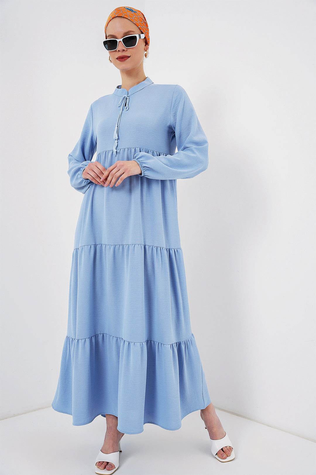BGD Women Tie-Neck Modest Dress - Dark Blue - Cedar Hill