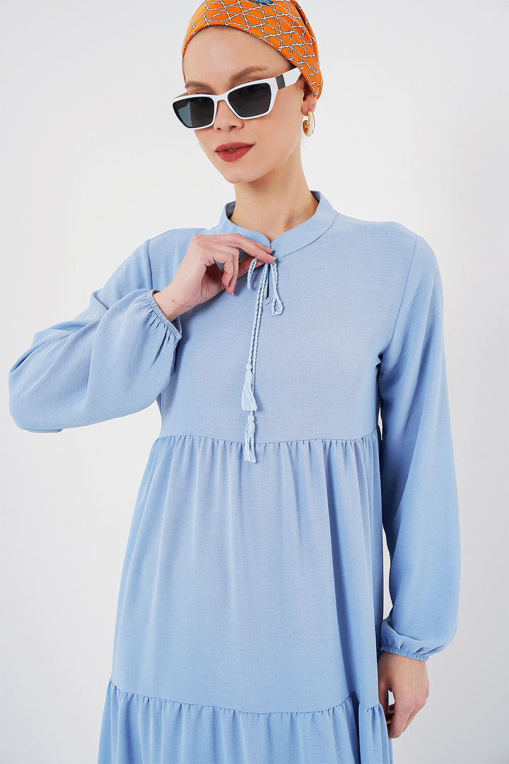BGD Women Tie-Neck Modest Dress - Dark Blue - Cedar Hill