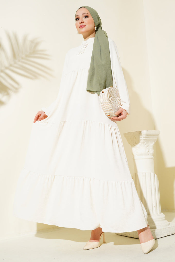 BGD Women Tie-Neck Modest Dress - Cream - Chiclana de la Frontera