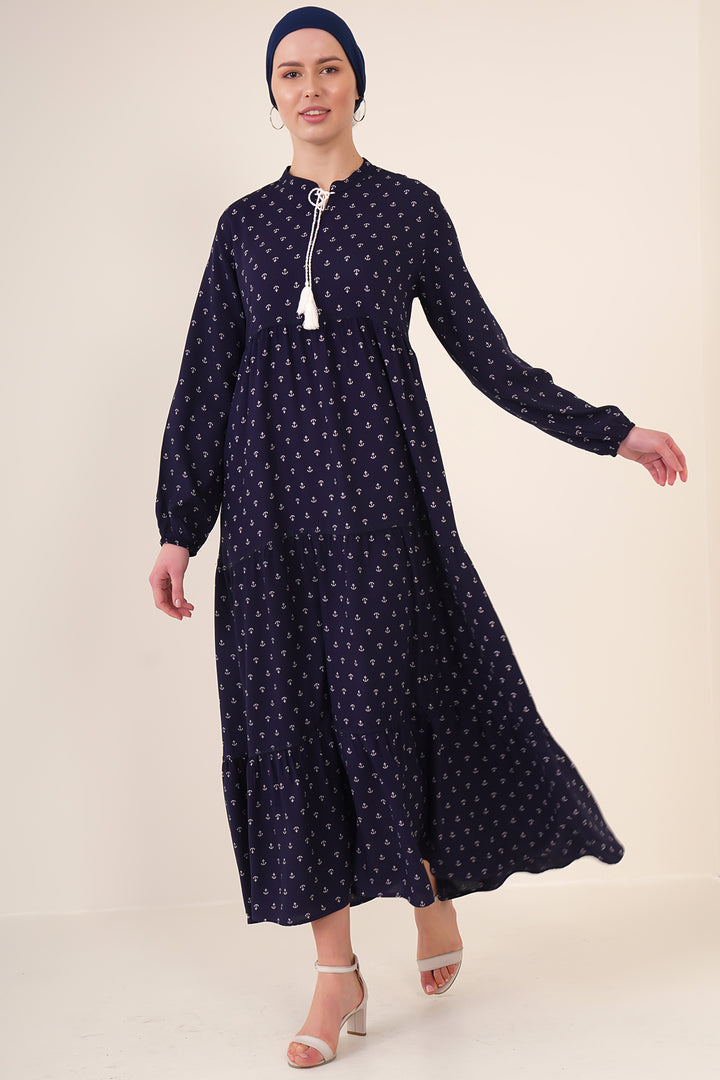 BGD Women Tie-Neck Modest Dress - Navy Blue - Arnsberg