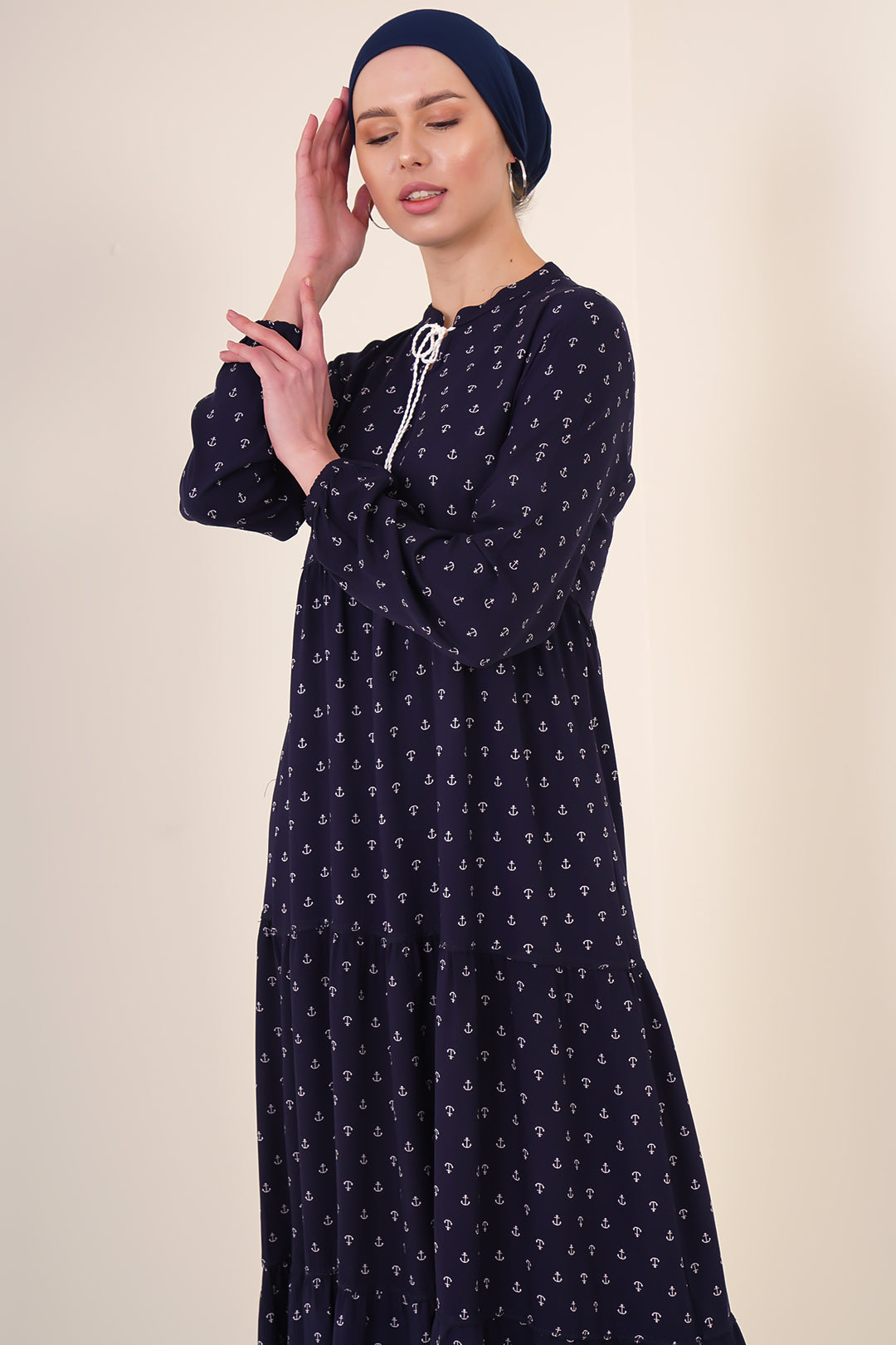 BGD Women Tie-Neck Modest Dress - Navy Blue - Arnsberg