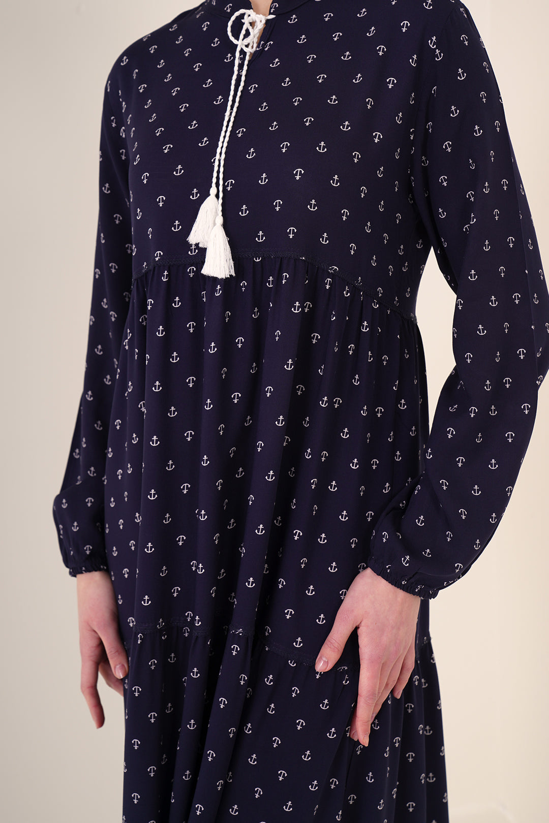 BGD Women Tie-Neck Modest Dress - Navy Blue - Arnsberg