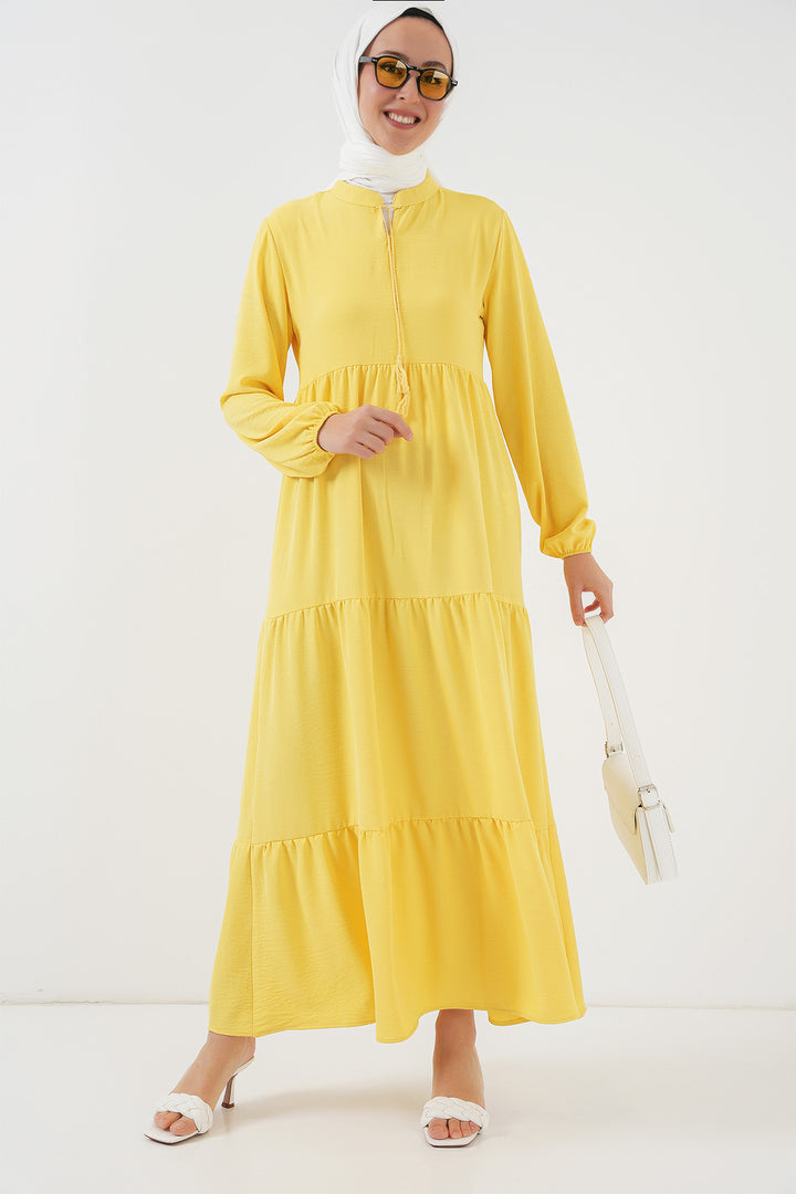 BGD Women Tie-Neck Modest Dress - Lemon Yellow - Hatfield