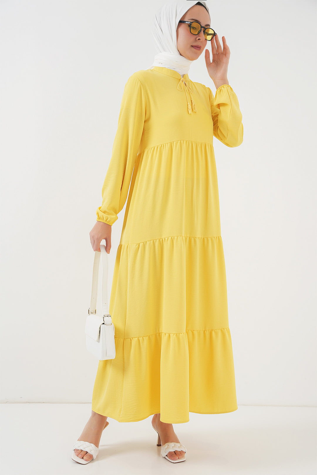 BGD Women Tie-Neck Modest Dress - Lemon Yellow - Hatfield
