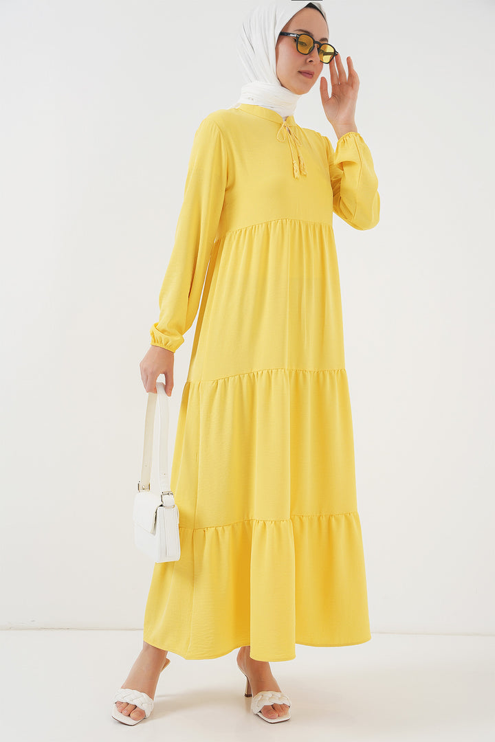 BGD Women Tie-Neck Modest Dress - Lemon Yellow - Hatfield