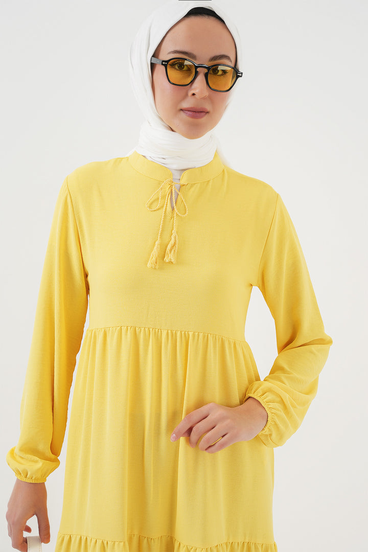 BGD Women Tie-Neck Modest Dress - Lemon Yellow - Hatfield