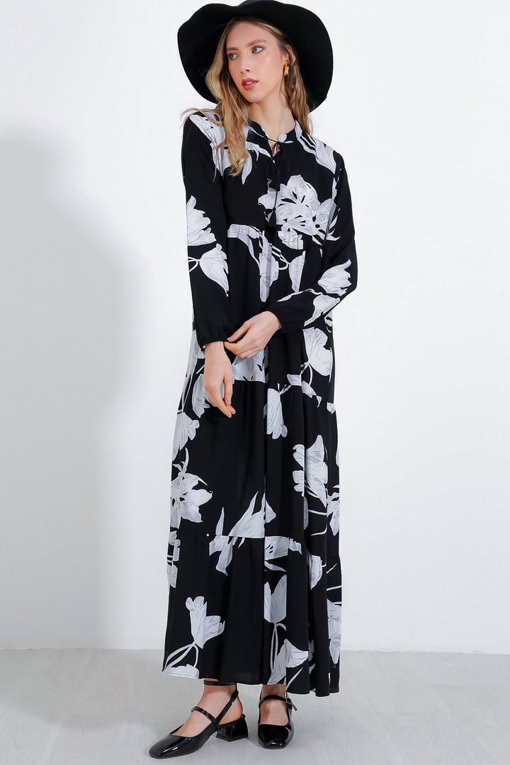 BGD Women Woman Black Stone Collar Lace-Up Viscose Full-Length Hijab Dress 1627 - Avondale