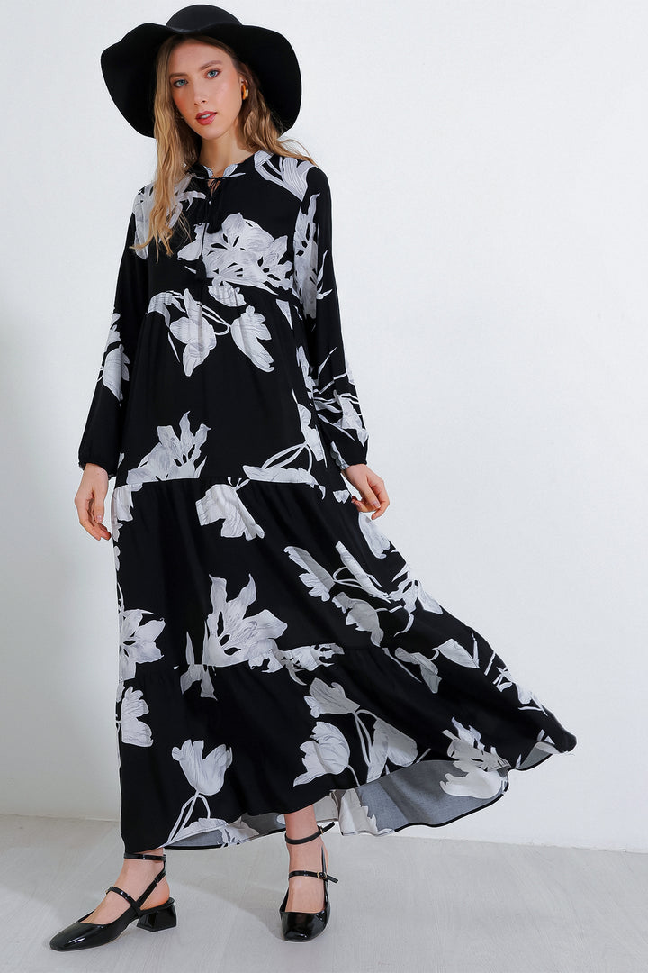 BGD Women Woman Black Stone Collar Lace-Up Viscose Full-Length Hijab Dress 1627 - Avondale