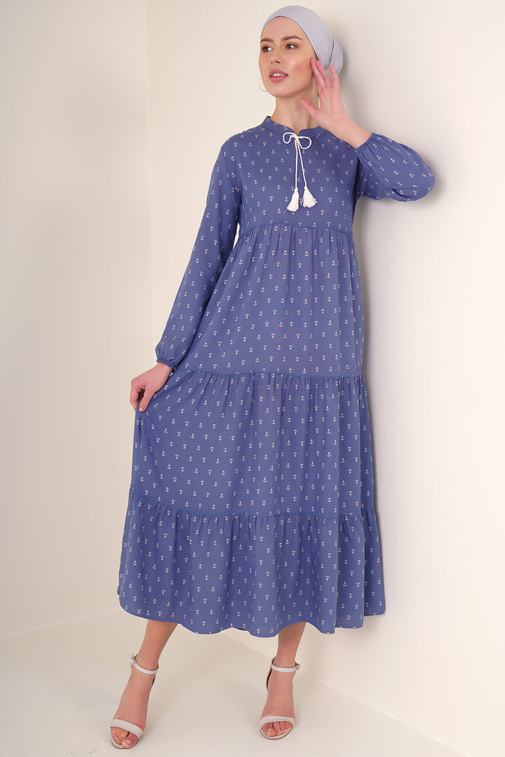 BGD Women Tie-Neck Modest Dress - Blue - Herne Bay