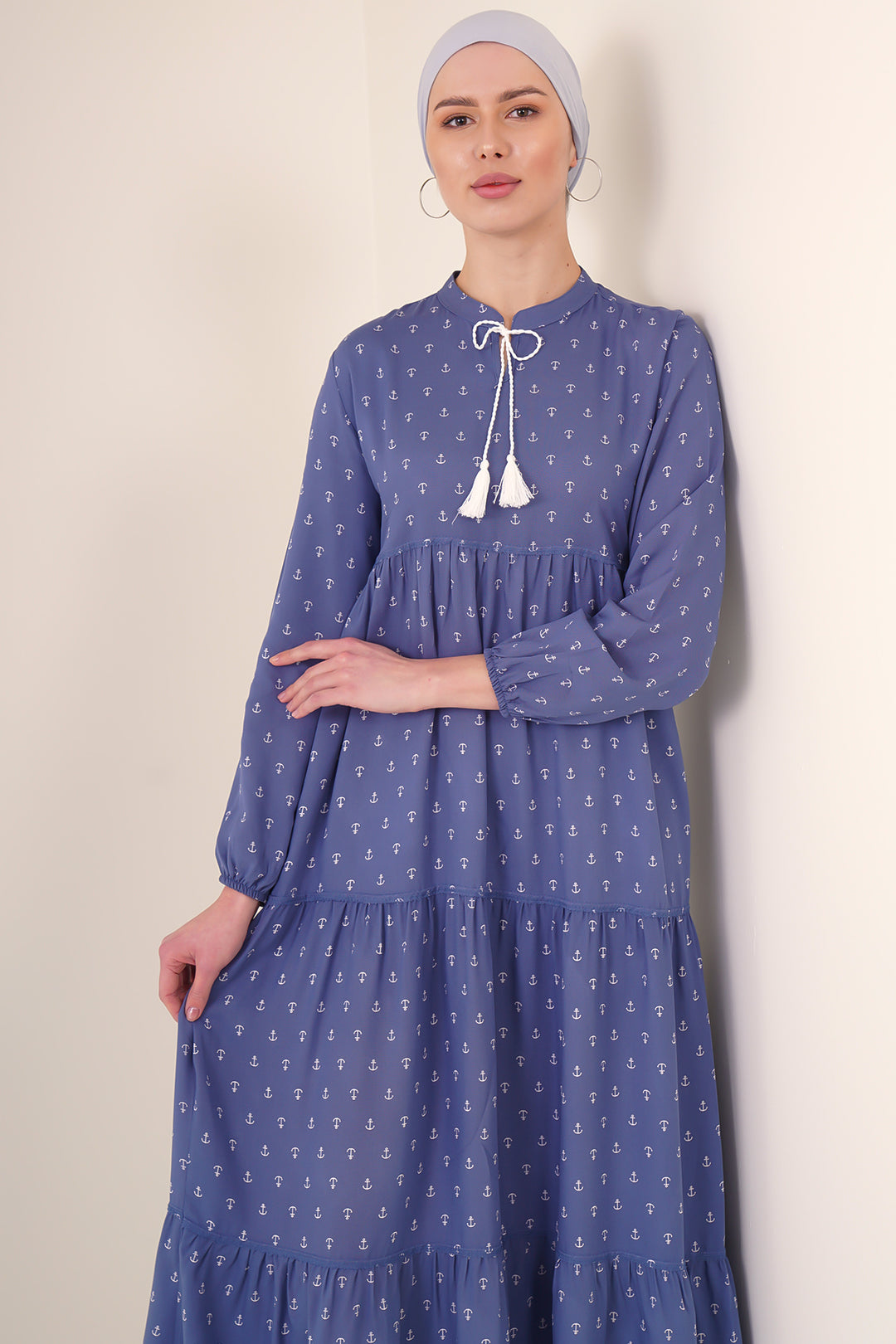 BGD Women Tie-Neck Modest Dress - Blue - Herne Bay