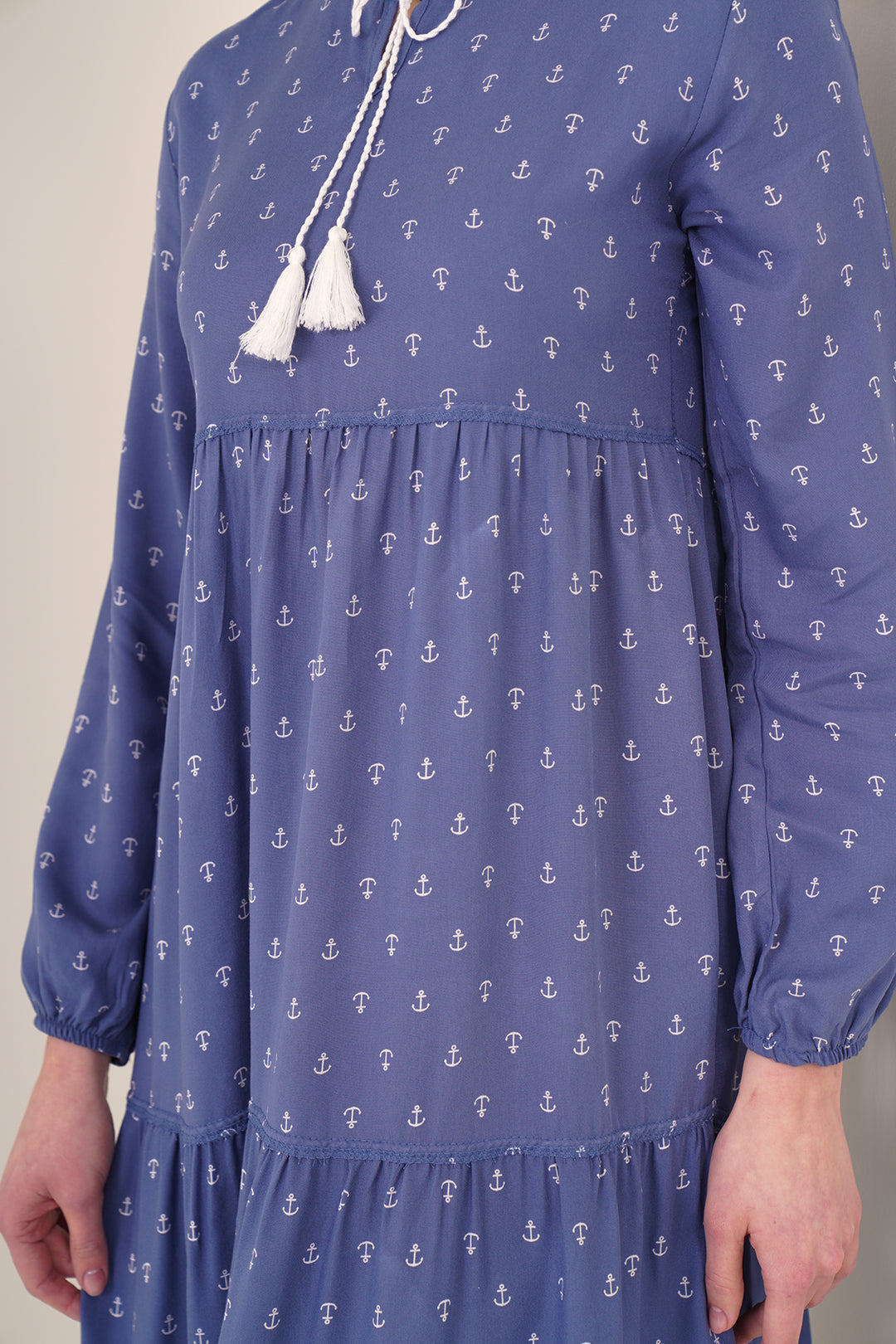 BGD Women Tie-Neck Modest Dress - Blue - Herne Bay