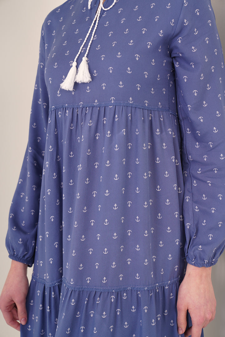 BGD Women Tie-Neck Modest Dress - Blue - Herne Bay