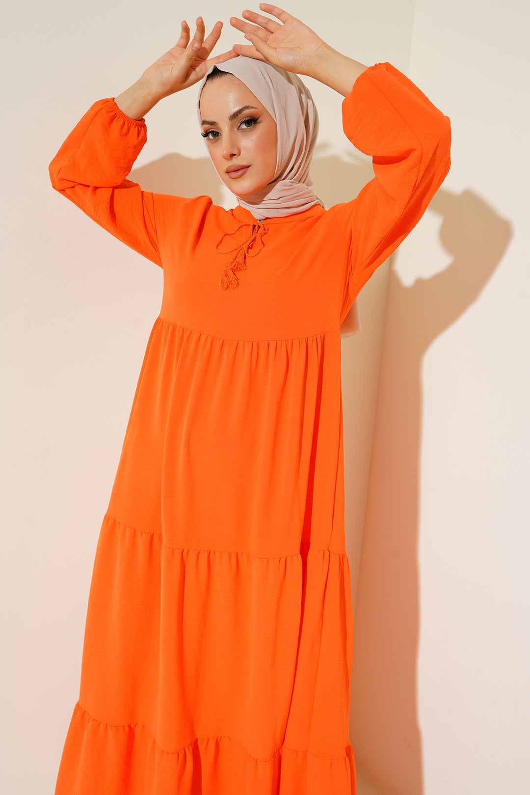 BGD Women Neck Tied Hijab Dress - Orange - Montclair