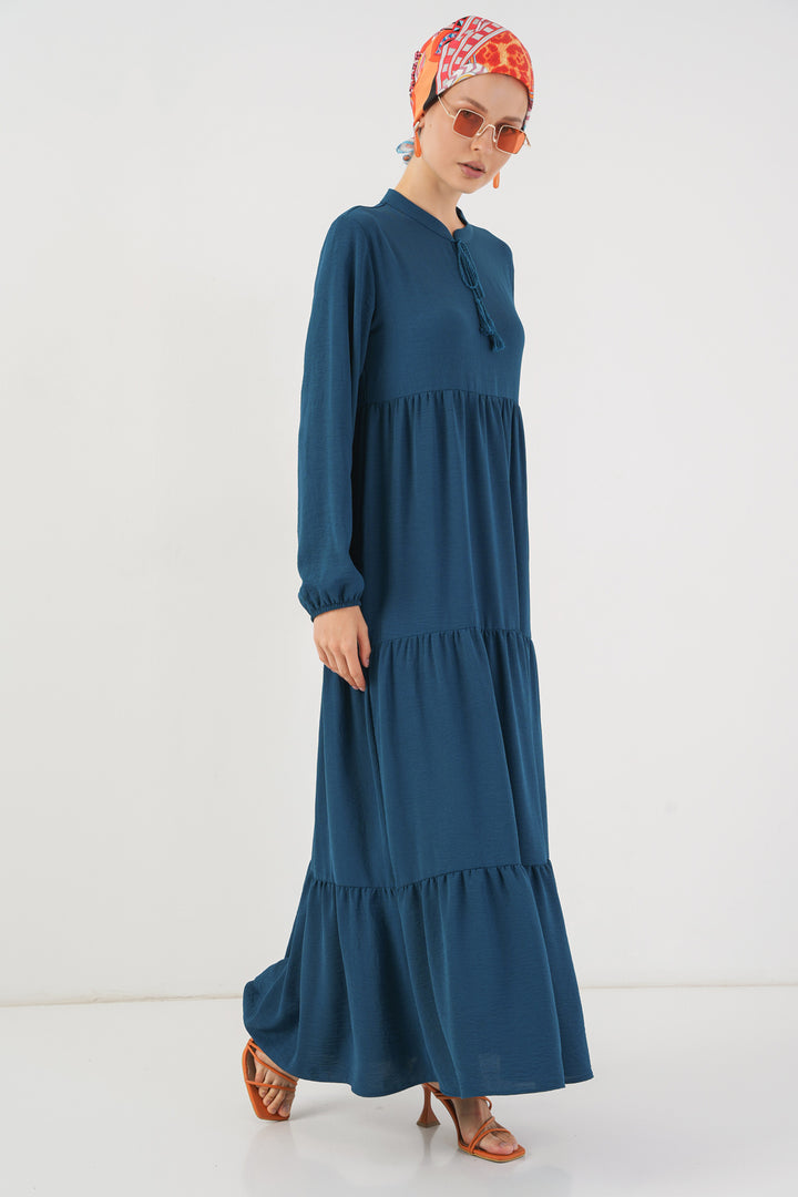 BGD Women Tie-Neck Modest Dress - Petrol - Glenrothes