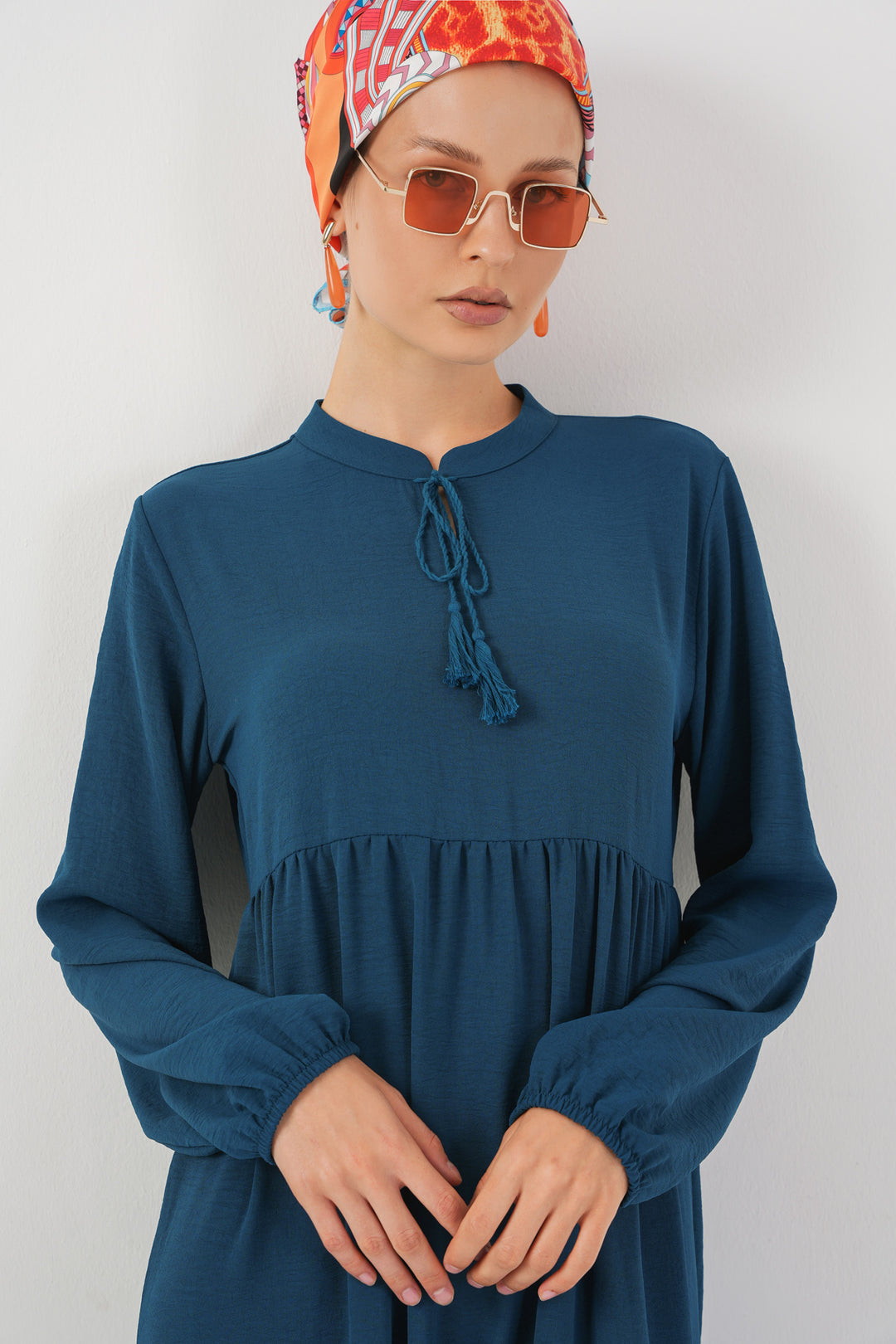 BGD Women Tie-Neck Modest Dress - Petrol - Glenrothes