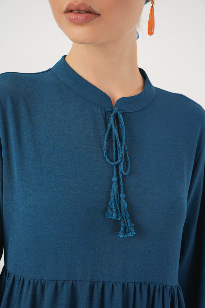 BGD Women Tie-Neck Modest Dress - Petrol - Glenrothes